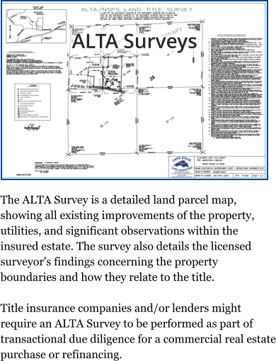 ALTA Surveys The ALTA Survey is a detailed land parcel map, showing all existing improvements of the property, utilities, and significant observations within the insured estate. The survey also details the licensed surveyor's findings concerning the property boundaries and how they relate to the title.  Title insurance companies and/or lenders might require an ALTA Survey to be performed as part of transactional due diligence for a commercial real estate purchase or refinancing.